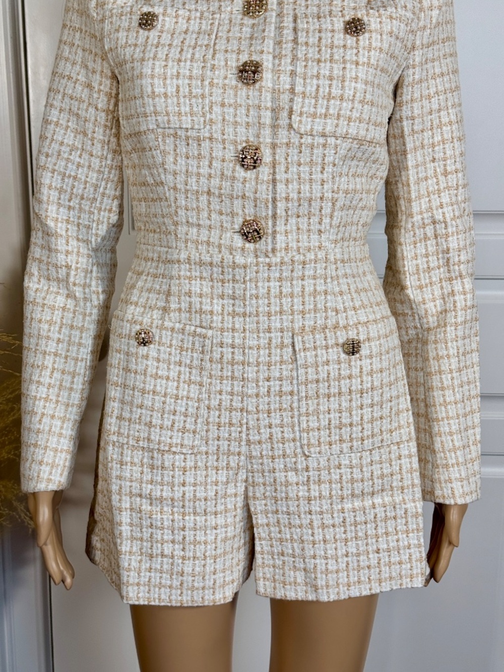 IVORY AND GOLD LONG SLEEVE WOMEN'S TWEED ROMPER WITH POCKETS - NWOT - Picture 9 of 17